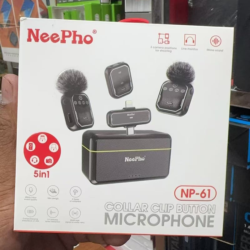 Picture of NeePho NP-61 Dual Wireless Microphone 5-in-1 | Noise Cancelling Lavalier Mic Type-C & Lightning | Vlogging, Live Streaming, Interview, YouTube Recording