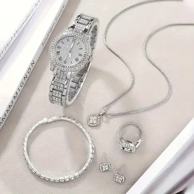 Picture of Best Selling Luxury Crystal Jewellery & Watch Gift Set – 6 in 1 Combo (Gold & Silver)  Perfect for Gift | Party Wear | Premium Fashion Set