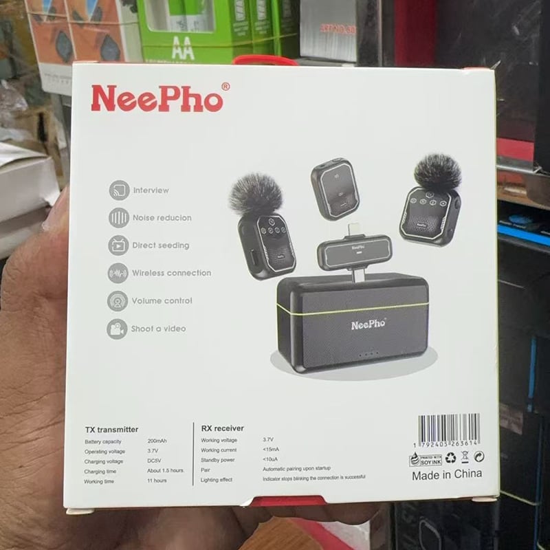 Picture of NeePho NP-61 Dual Wireless Microphone 5-in-1 | Noise Cancelling Lavalier Mic Type-C & Lightning | Vlogging, Live Streaming, Interview, YouTube Recording