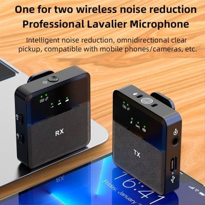Picture of SX-9 Dual Wireless Lavalier Microphone Dual Mic 2.4G Noise Reduction Mini Mic for Android iPhone Type-C Vlog Interview YouTube Recording Wireless Microphone SX-9