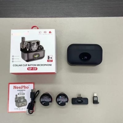 Picture of NP-59 Dual Wireless Microphone 2 in 1 with Type-C & Lightning Receiver | Noise Reduction Lavalier Mic for Android iPhone YouTube Video Recording Live Streaming Interview