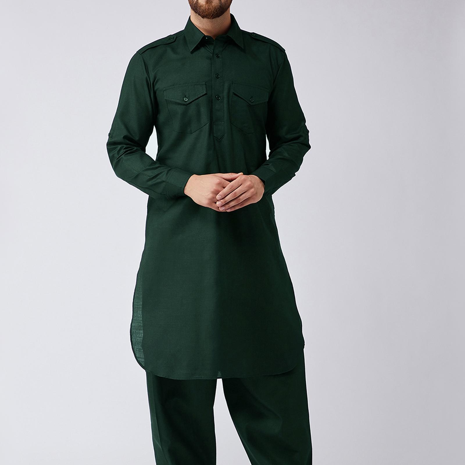 Picture of Green Color 100% Cotton Semi Long Kabli for Men(Green,Int:L)