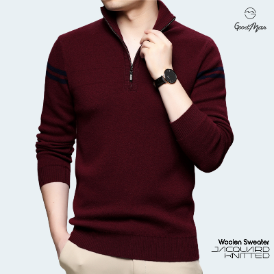 Picture of GoodMan Premium Quality Maroon Color High Neck Full Sleeve Zipper Sweater for Men.(Maroon,Int:M)