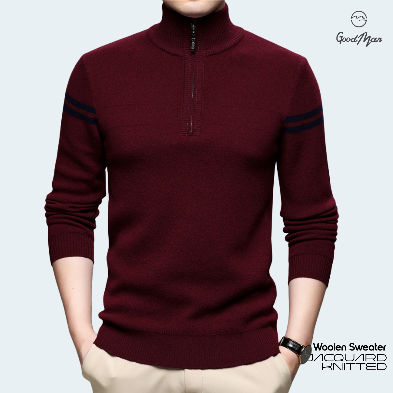 Picture of GoodMan Premium Quality Maroon Color High Neck Full Sleeve Zipper Sweater for Men.(Maroon,Int:M)