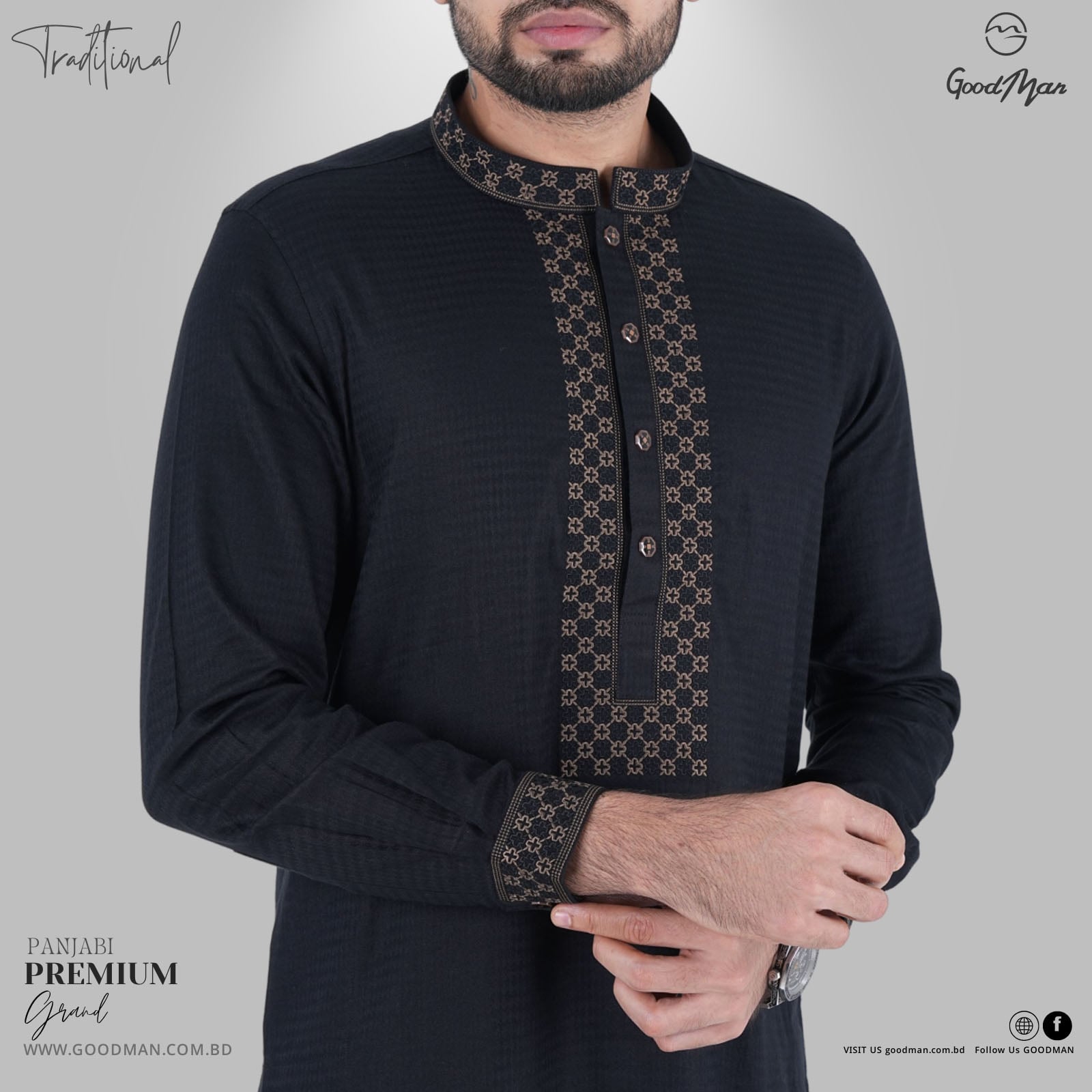 Picture of GoodMan Premium Quality Black Color Semi Long Panjabi for Men.(Black,Int:M)