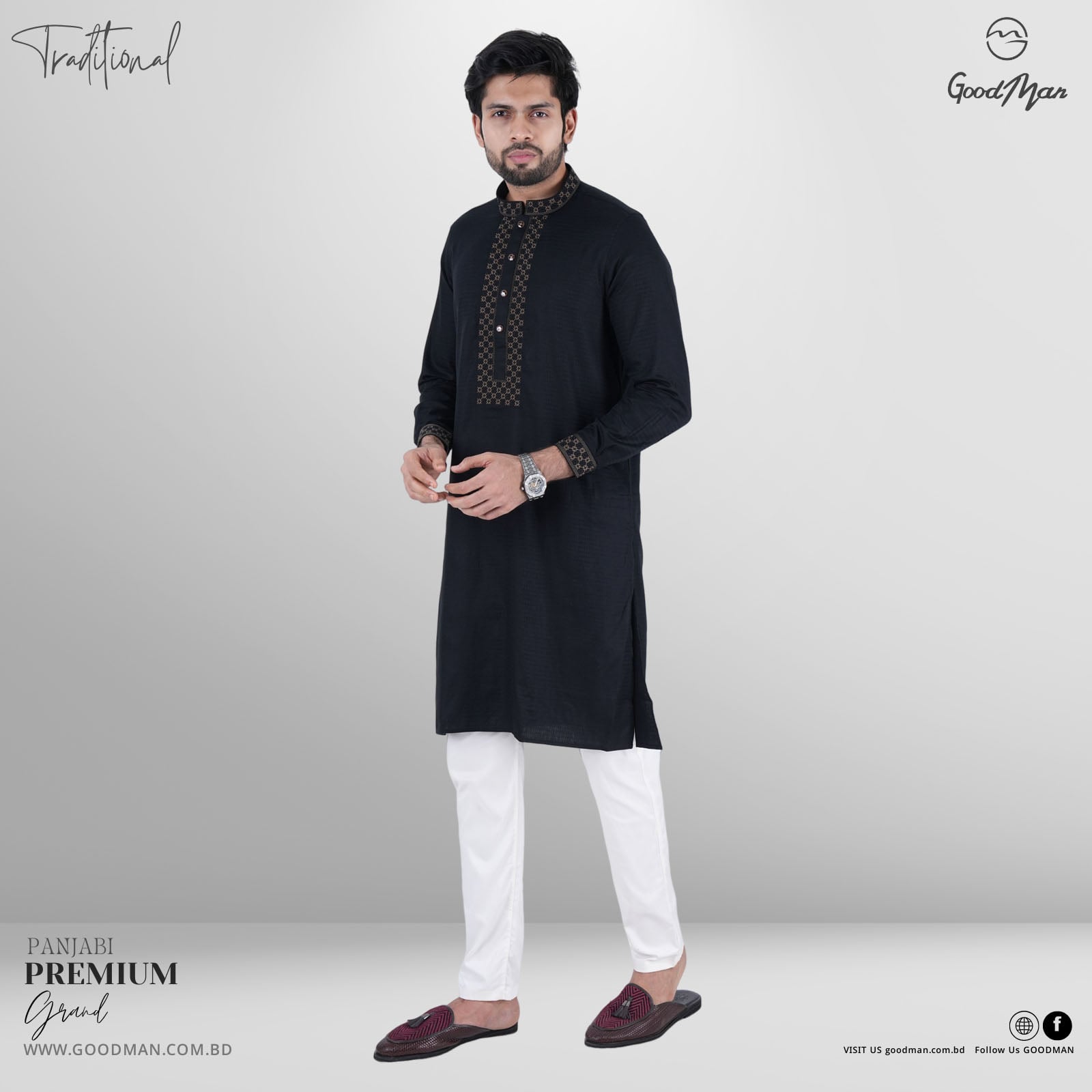 Picture of GoodMan Premium Quality Black Color Semi Long Panjabi for Men.(Black,Int:M)