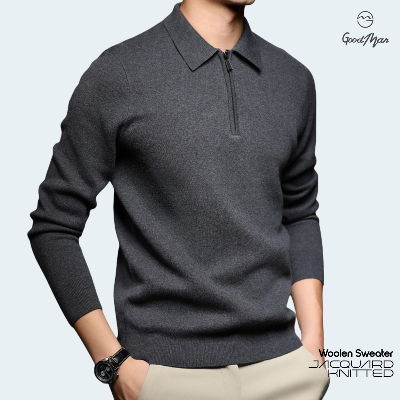 Picture of GoodMan Premium Quality Dark Gray Color Full Sleeve Zipper Polo Sweater for Men.(Dark Grey,Int:XXL)
