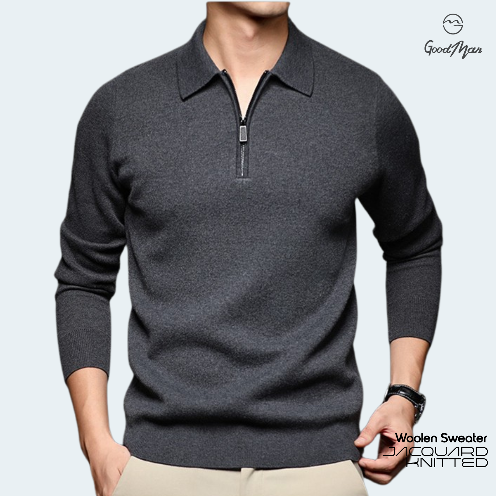 Picture of GoodMan Premium Quality Dark Gray Color Full Sleeve Zipper Polo Sweater for Men.(Dark Grey,Int:XL)