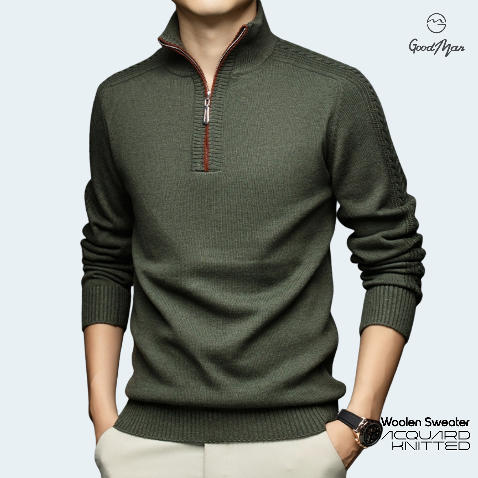 Picture of GoodMan Premium Quality Black Color Full Sleeve Zipper Sweater for Men.(Olive,Int:M)