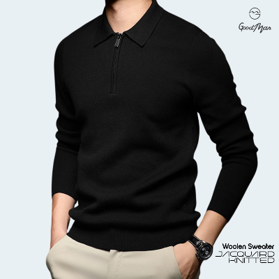 Picture of GoodMan Premium Quality Black Color Full Sleeve Zipper Polo Sweater for Men.(Black,Int:XL)