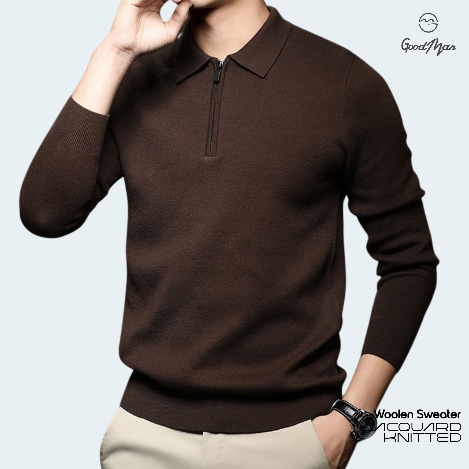 Picture of GoodMan Premium Quality Coffee Color Full Sleeve Zipper Polo Sweater for Men.(Coffee,Int:L)