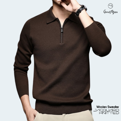 Picture of GoodMan Premium Quality Coffee Color Full Sleeve Zipper Polo Sweater for Men.(Coffee,Int:XXL)