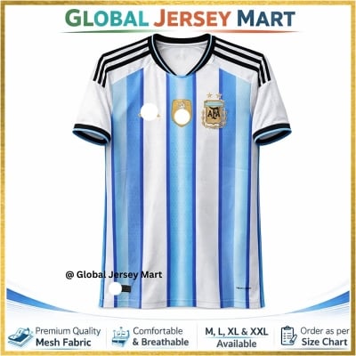 Picture of   Argentina Home Jersey 2024/25 – AFA Crest +   Champions Badge – Short Sleeve Football Jersey – Sky Blue/White Argentina National Team Fan Jersey - White