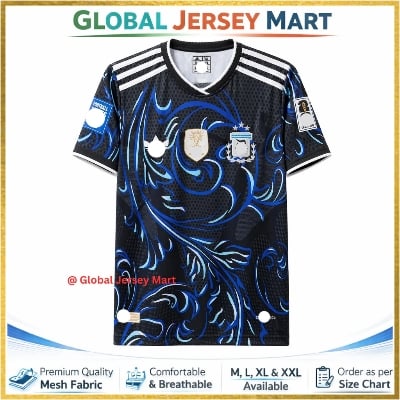 Picture of Argentina Special Edition Jersey 2022  – AFA Crest +   Champions Badge Style – Short Sleeve Football Jersey – Argentina Fan Shirt (Black & Blue Graphic) - Black