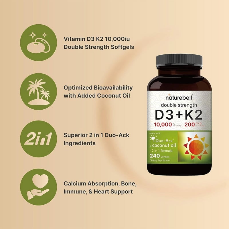 Picture of NatureBell Vitamin D3 K2 (10,000 IU Vitamin D + 200mcg Vitamin K MK-7) 240 Softgels