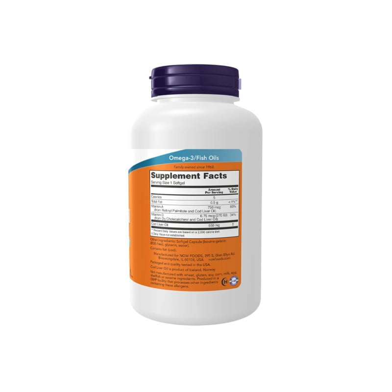 Picture of NOW Cod Liver Oil 650 mg Vitamins A and D-3 -250 Softgels