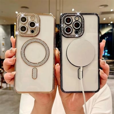 Picture of Glitter Diamond Wireless Charger Phone Cover for iphone 13 Pro Max Magnetic case with Camera Protector