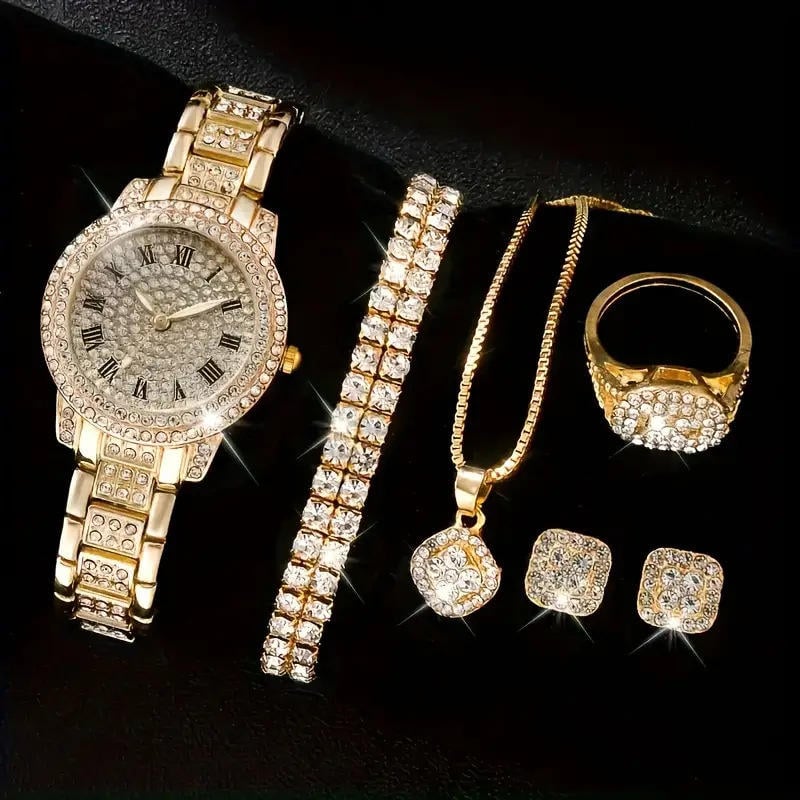 Picture of Best Selling Luxury Crystal Jewellery & Watch Gift Set – 6 in 1 Combo (Gold & Silver)  Perfect for Gift | Party Wear | Premium Fashion Set