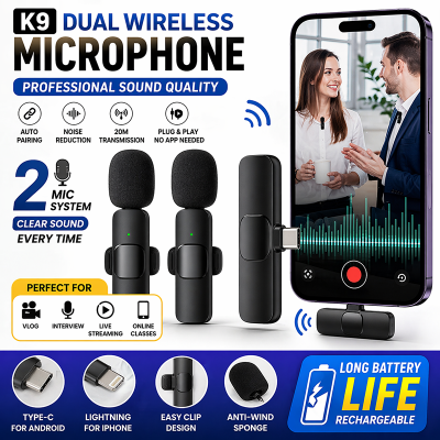 Picture of K9 Dual Wireless Lavalier Microphone 2 Mic Set for Mobile | Type-C/Lightning Plug & Play | Noise Reduction Vlog Interview Mic for Android iPhone