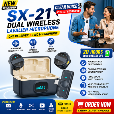 Picture of SX21 Dual Wireless Lavalier Microphone Type-C Noise Reduction Mini Mic for Android iPhone 15 Vlog Interview YouTube Recording 2 Mic Wireless Microphone SX-21