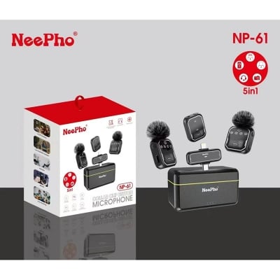 Picture of NeePho NP-61 Dual Wireless Microphone 5-in-1 | Noise Cancelling Lavalier Mic Type-C & Lightning | Vlogging, Live Streaming, Interview, YouTube Recording