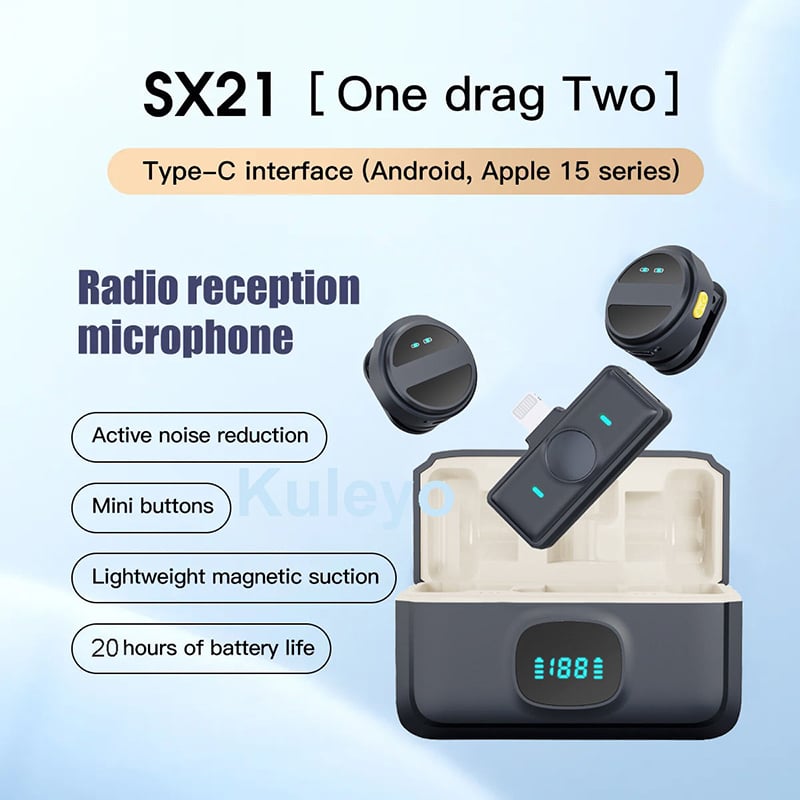Picture of SX21 Dual Wireless Lavalier Microphone Type-C Noise Reduction Mini Mic for Android iPhone 15 Vlog Interview YouTube Recording 2 Mic Wireless Microphone SX-21