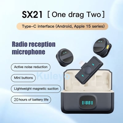 Picture of SX21 Dual Wireless Lavalier Microphone Type-C Noise Reduction Mini Mic for Android iPhone 15 Vlog Interview YouTube Recording 2 Mic Wireless Microphone SX-21