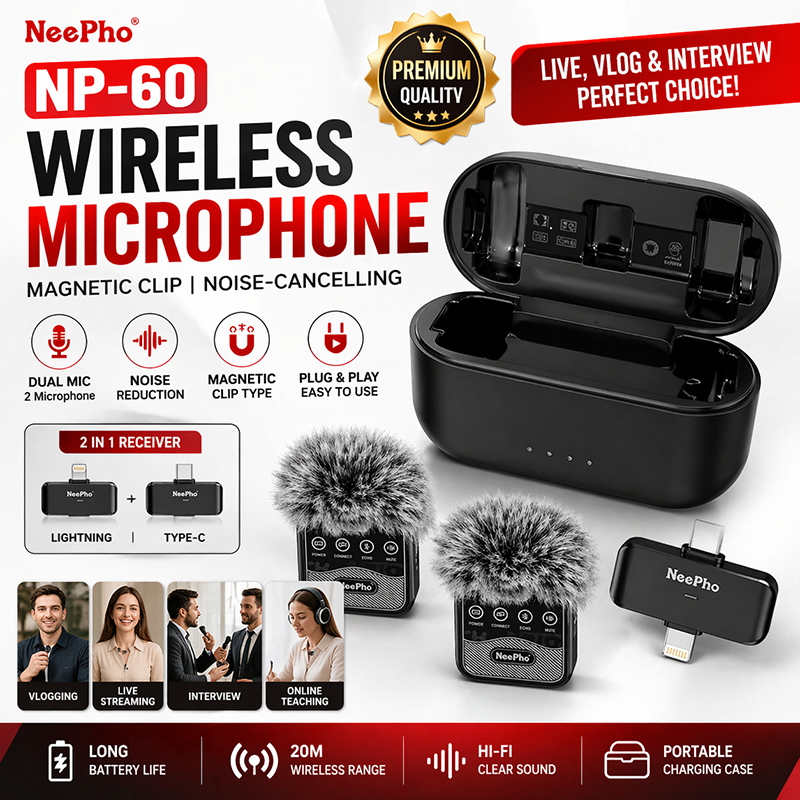 Picture of NP-60 Wireless Microphone Dual Mic Magnetic Clip | Noise Cancelling Lavalier Mic for Android iPhone | Live Streaming, Vlogging, Interview Recording