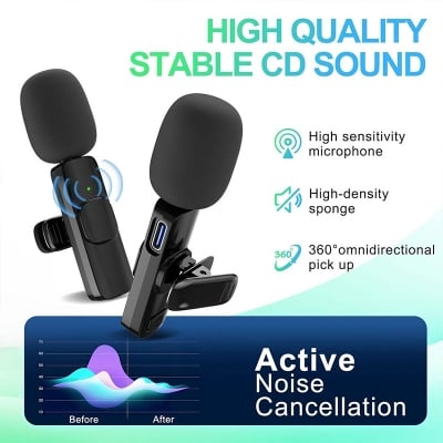 Picture of K9 Dual Wireless Lavalier Microphone 2 Mic Set for Mobile | Type-C/Lightning Plug & Play | Noise Reduction Vlog Interview Mic for Android iPhone