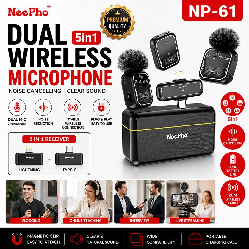 Picture of NeePho NP-61 Dual Wireless Microphone 5-in-1 | Noise Cancelling Lavalier Mic Type-C & Lightning | Vlogging, Live Streaming, Interview, YouTube Recording