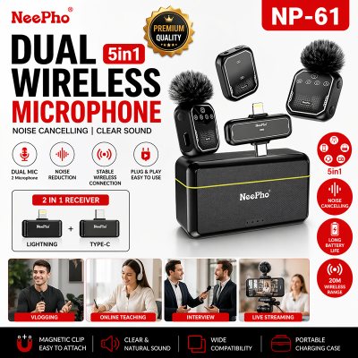 Picture of NeePho NP-61 Dual Wireless Microphone 5-in-1 | Noise Cancelling Lavalier Mic Type-C & Lightning | Vlogging, Live Streaming, Interview, YouTube Recording