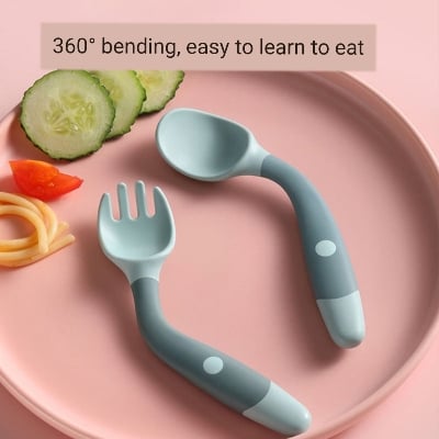 Picture of Children's Silicone Soft spoon Fork Utensinls Set Kids Eating Training Auxailiary Good Toodler Twist Fidding Baby Bendable Spoon Learning To Eat Training Tableware Twist Fork Spoon 