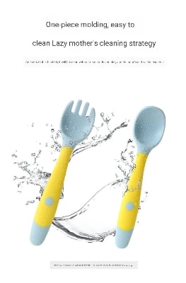 Picture of Children's Silicone Soft spoon Fork Utensinls Set Kids Eating Training Auxailiary Good Toodler Twist Fidding Baby Bendable Spoon Learning To Eat Training Tableware Twist Fork Spoon 