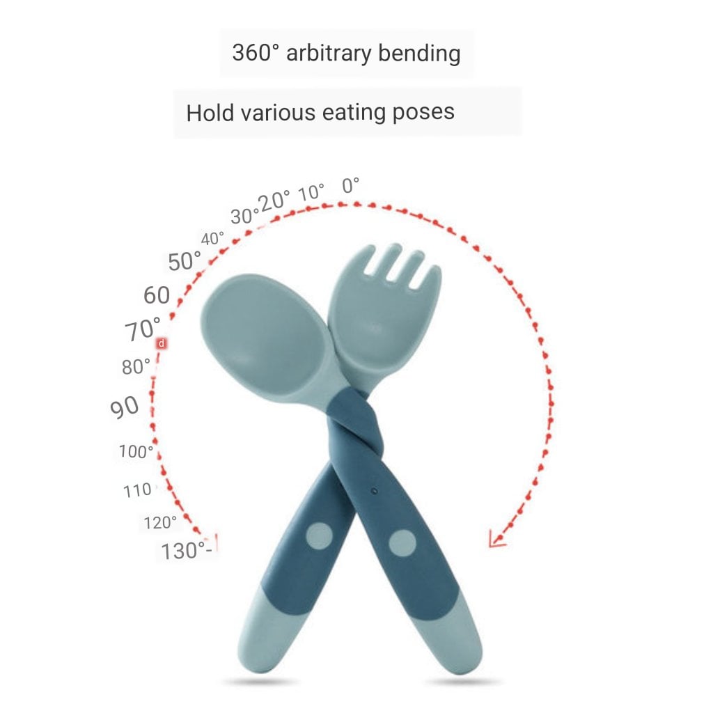 Picture of Children's Silicone Soft spoon Fork Utensinls Set Kids Eating Training Auxailiary Good Toodler Twist Fidding Baby Bendable Spoon Learning To Eat Training Tableware Twist Fork Spoon 