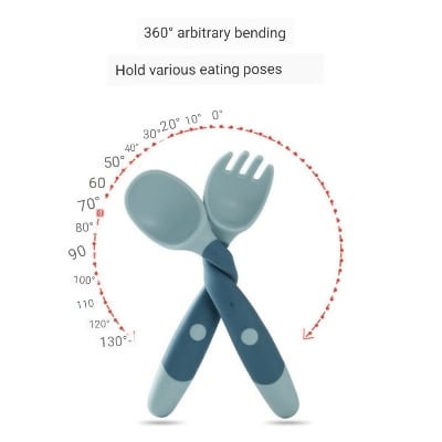 Picture of Children's Silicone Soft spoon Fork Utensinls Set Kids Eating Training Auxailiary Good Toodler Twist Fidding Baby Bendable Spoon Learning To Eat Training Tableware Twist Fork Spoon 