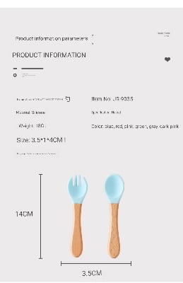 Picture of Baby Wooden Handle Silicone Fork Utensinls Set Kids Eating Training Auxailiary Good Tood Fork Spoon Household Food Supplement Wooden Handle Silicone Fork Spoon Set Shatter-Resistant Children Feeding Spoon 
