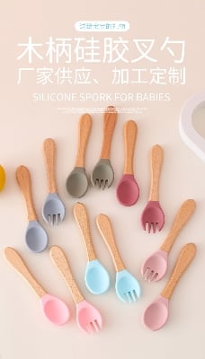 Picture of Baby Wooden Handle Silicone Fork Utensinls Set Kids Eating Training Auxailiary Good Tood Fork Spoon Household Food Supplement Wooden Handle Silicone Fork Spoon Set Shatter-Resistant Children Feeding Spoon 