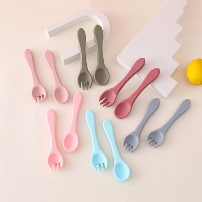 Picture of Baby Wooden Handle Silicone Fork Utensinls Set Kids Eating Training Auxailiary Good Tood Fork Spoon Household Food Supplement Wooden Handle Silicone Fork Spoon Set Shatter-Resistant Children Feeding Spoon 
