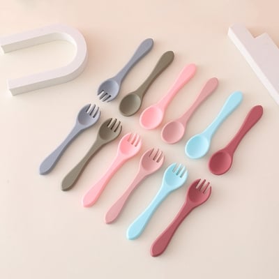 Picture of Baby Wooden Handle Silicone Fork Utensinls Set Kids Eating Training Auxailiary Good Tood Fork Spoon Household Food Supplement Wooden Handle Silicone Fork Spoon Set Shatter-Resistant Children Feeding Spoon 