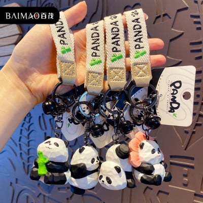 Picture of Original Resin Wood Carving Style Panda Keychain Creative Exquisite Panda Flower Couple Key Chain Bag Pendant - Panda Keychains