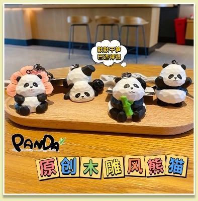 Picture of Original Resin Wood Carving Style Panda Keychain Creative Exquisite Panda Flower Couple Key Chain Bag Pendant - Panda Keychains