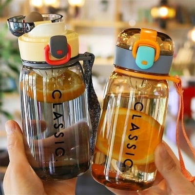 Picture of Baby Water Bottle Kids Mom pot 500ml Baby Water Bottle With Straw and Belt Food Grade Plastic BPA-free Mum Pot Kids Water Bottle Smile Kiddo School Water Bottle