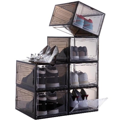 Picture of Shoe Box Stackable Plastic Clear Shoe Box Organizer with Magnetic Door Shoe Storage Box Thicken Sturdy,Easy Assembly,Fit up to US Size 12 Black White Shoe Rack