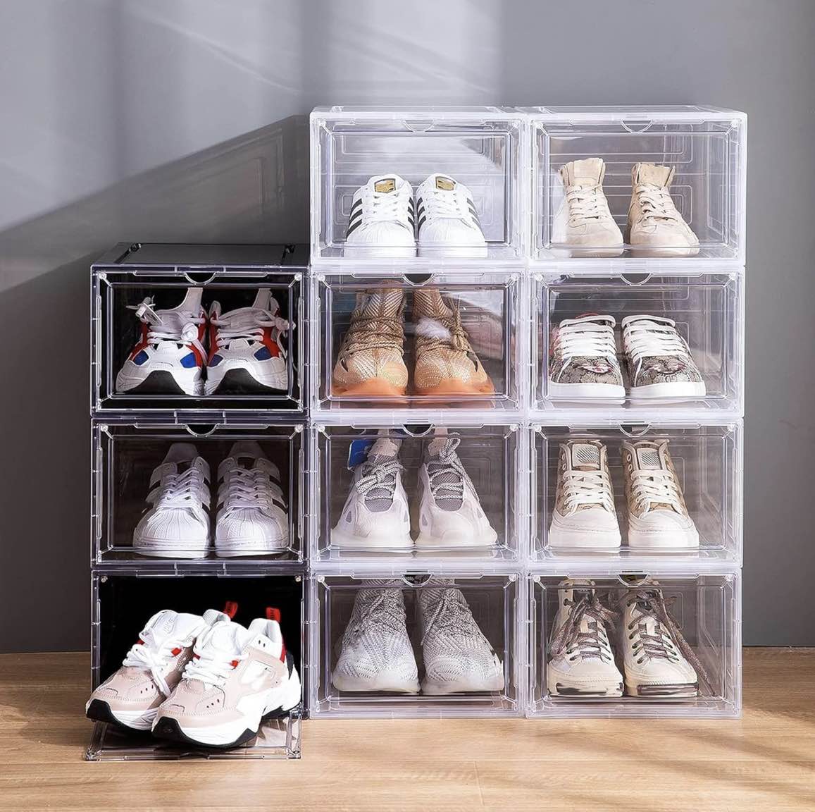 Picture of Shoe Box Stackable Plastic Clear Shoe Box Organizer with Magnetic Door Shoe Storage Box Thicken Sturdy,Easy Assembly,Fit up to US Size 12 Black White Shoe Rack
