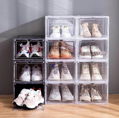 Picture of Shoe Box Stackable Plastic Clear Shoe Box Organizer with Magnetic Door Shoe Storage Box Thicken Sturdy,Easy Assembly,Fit up to US Size 12 Black White Shoe Rack