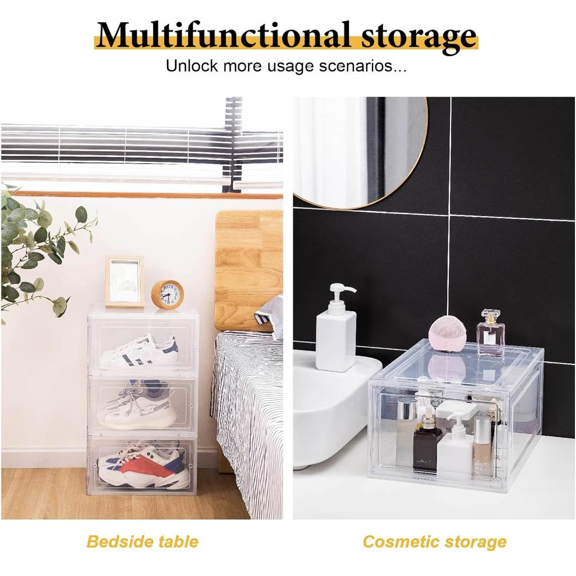 Picture of Shoe Box Stackable Plastic Clear Shoe Box Organizer with Magnetic Door Shoe Storage Box Thicken Sturdy,Easy Assembly,Fit up to US Size 12 Black White Shoe Rack