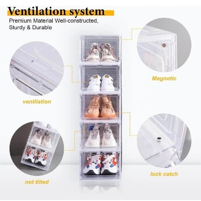 Picture of Shoe Box Stackable Plastic Clear Shoe Box Organizer with Magnetic Door Shoe Storage Box Thicken Sturdy,Easy Assembly,Fit up to US Size 12 Black White Shoe Rack