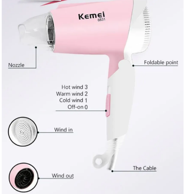 Picture of Kemey Km 6831 Cool And Hot Foldable Electric Hair Dryer For Women - Multicolor