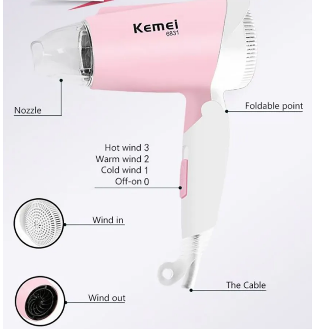 Picture of Kemey Km 6831 Cool And Hot Foldable Electric Hair Dryer For Women - Multicolor
