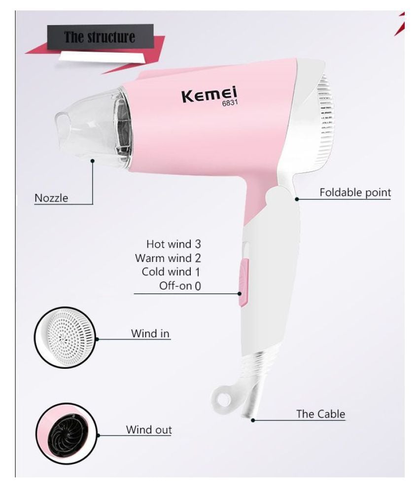 Picture of Kemey Km 6831 Professional Foldable Hot and Cool Hair Dryer 1600 watts - Multicolor
